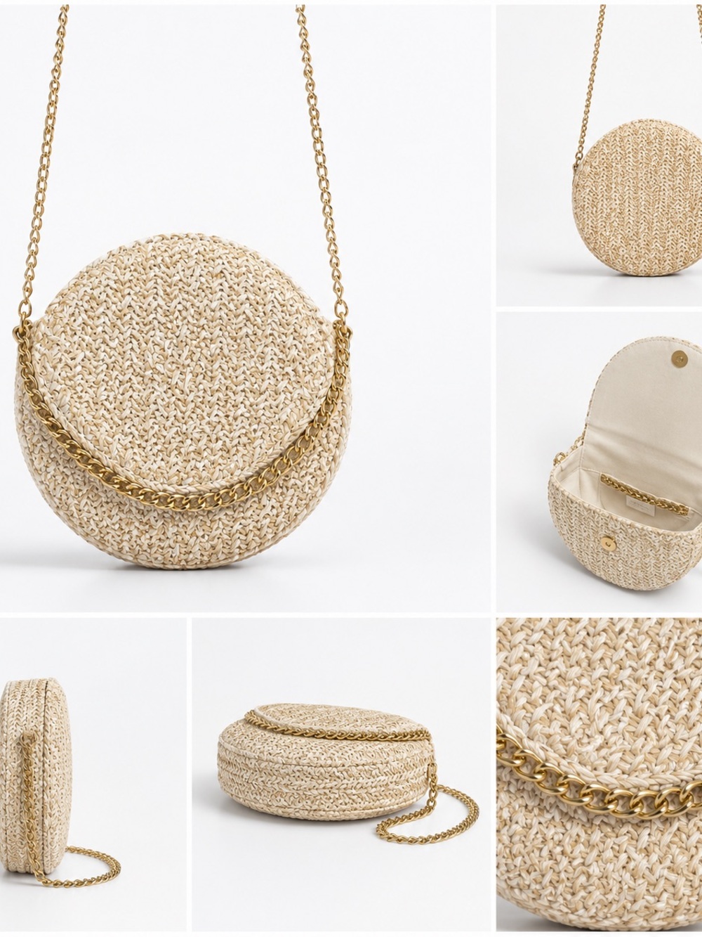 Round Woven Crossbody Bag with Gold Chain - Beige
